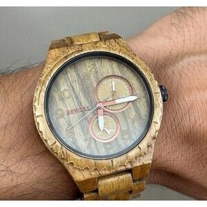 Bewell Black Walnut Wooden Watch Quartz Date Seconds Subdials Brown New Battery